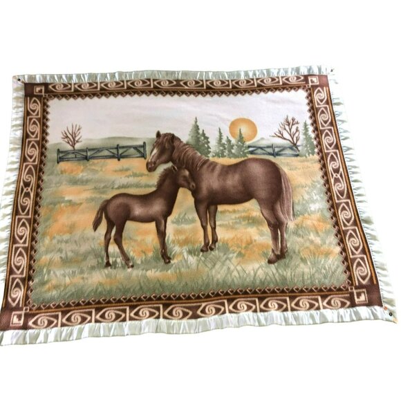 VTG SATIN TRIM HORSE BLANKET HAND SEWN TRIM BUTTONS DOUBLE SIDED 63" X 49" RANCH - Picture 1 of 3